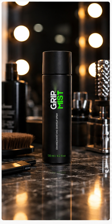 Black spray bottle labeled 'Grip Mist' on a reflective surface with blurred lights in the background