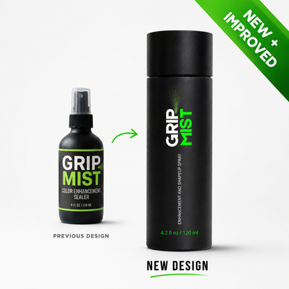 Comparison image of GripMist packaging featuring the previous spray bottle design and the new 4.2 oz enhancement and shape up spray bottle with a New + Improved banner.